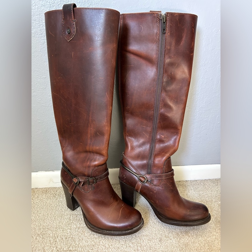 Frye high-heeled boots, gently used.
